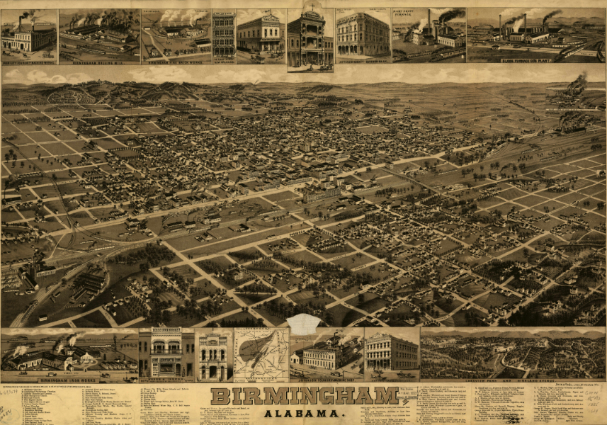 Photo of old drawing of Birmingham with less bridges, several single floor buildings, and lots of open land.