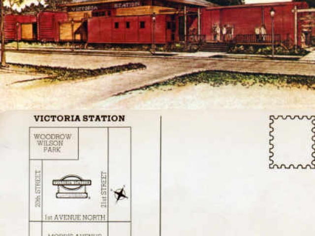 Old photo of postcard featuring a drawing and map of Victoria Station on Morris Avenue.