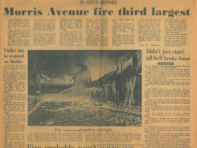 Photo of newspaper covering the Morris Avenue fire, labeled as third largest.