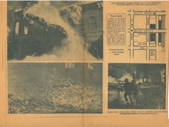 Photos of newspaper article showing photos of collapsing wall and the devastation after the Morris Avenue fire.